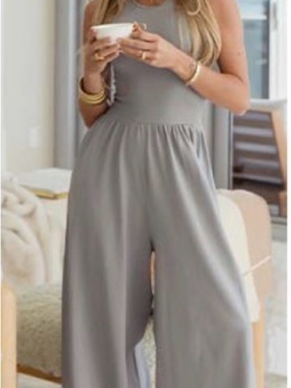 OQQ Women Wide Leg Pant Crew Neck Loose Fit Jumpsuit in Light Gray